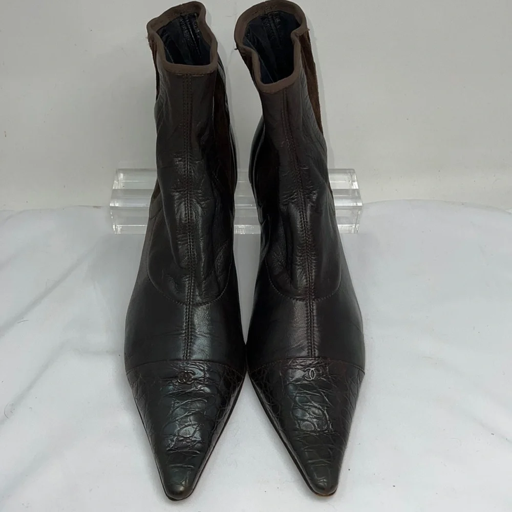 Chanel Sz 8 Brown Leather Croc and Suede Ankle Length Sock Kitten Heel Boots